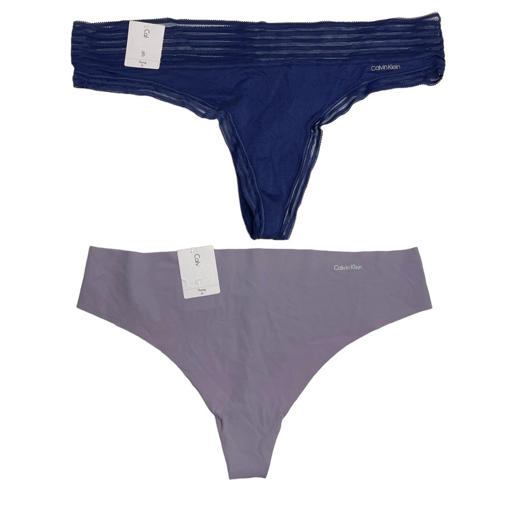 Calvin Klein Thong Bundle Stiped Waist Navy & Invisibles Purple XL New